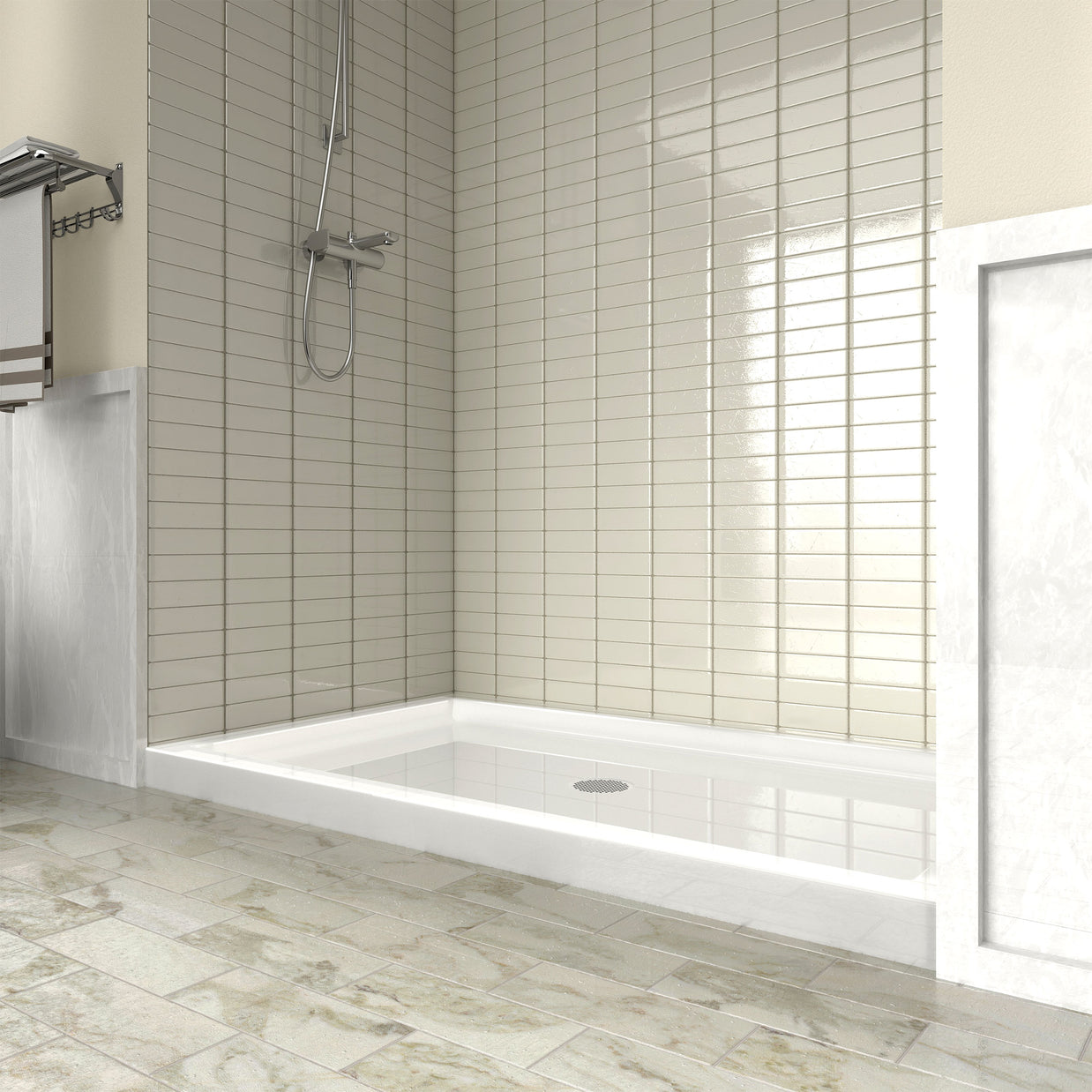 Single Threshold Shower Pan with Center Drain, Non-Slip Texture Acrylic and Fiberglass Shower Base - White