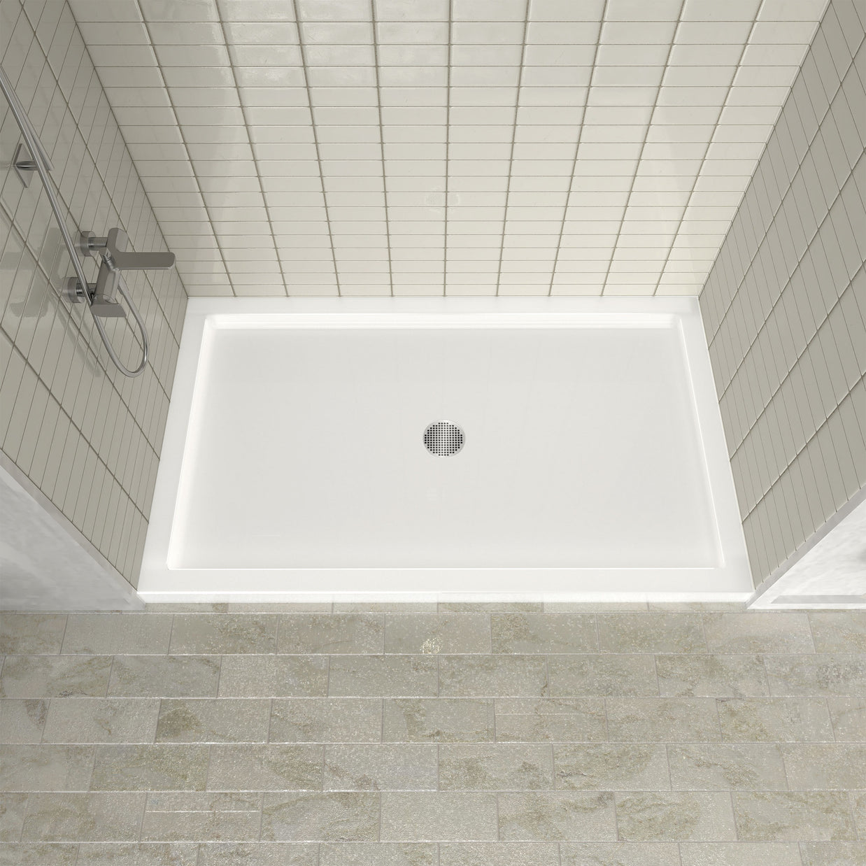 Single Threshold Shower Pan with Center Drain, Non-Slip Texture Acrylic and Fiberglass Shower Base - White