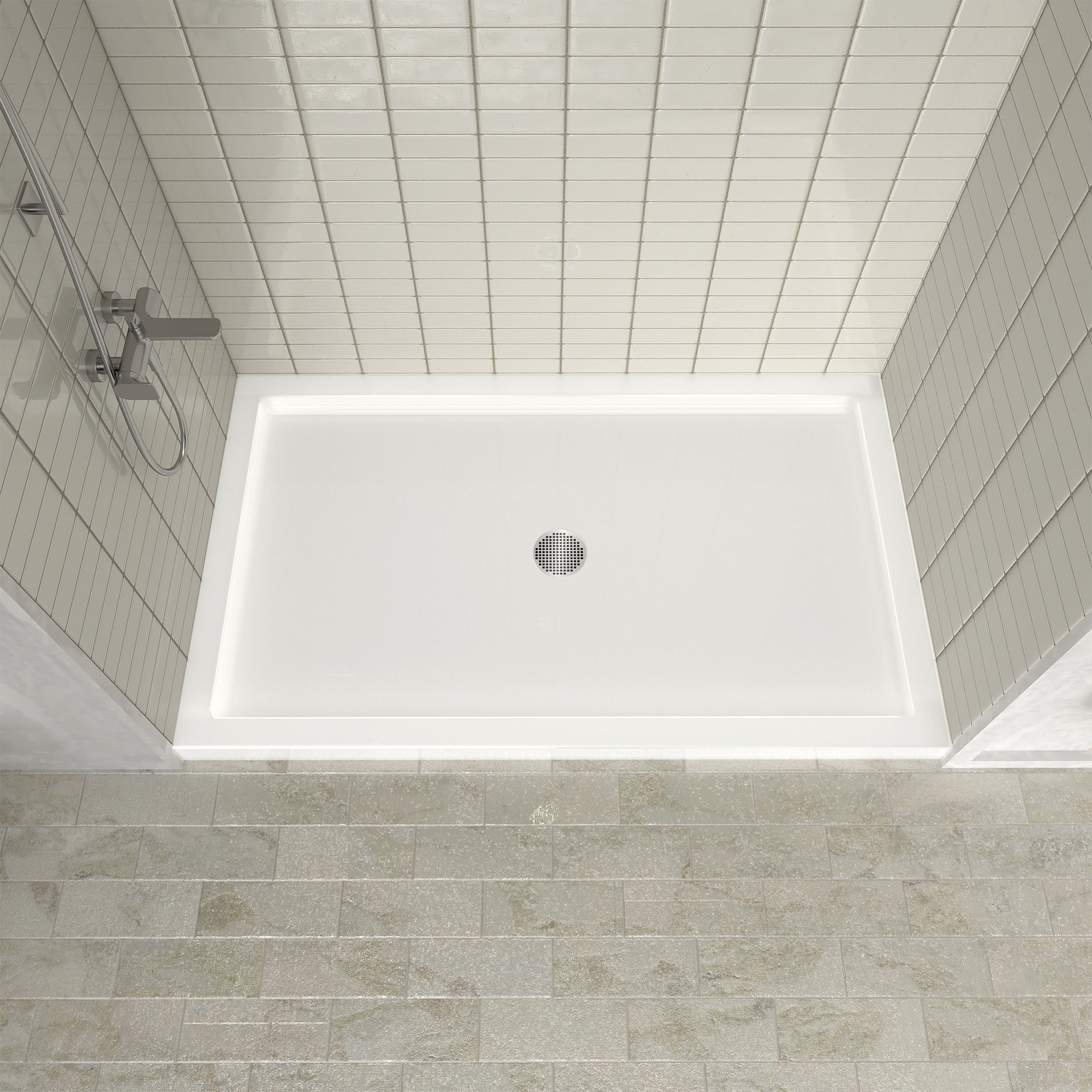 Single Threshold Shower Pan with Center Drain, Non-Slip Texture Acrylic and Fiberglass Shower Base - White