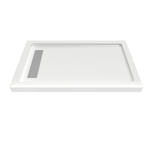Shower Pan, with Linear Drain Cover and Reversible Drain, Pre-Sloped Acrylic and Fiberglass Shower Base with Removable Flanges, White