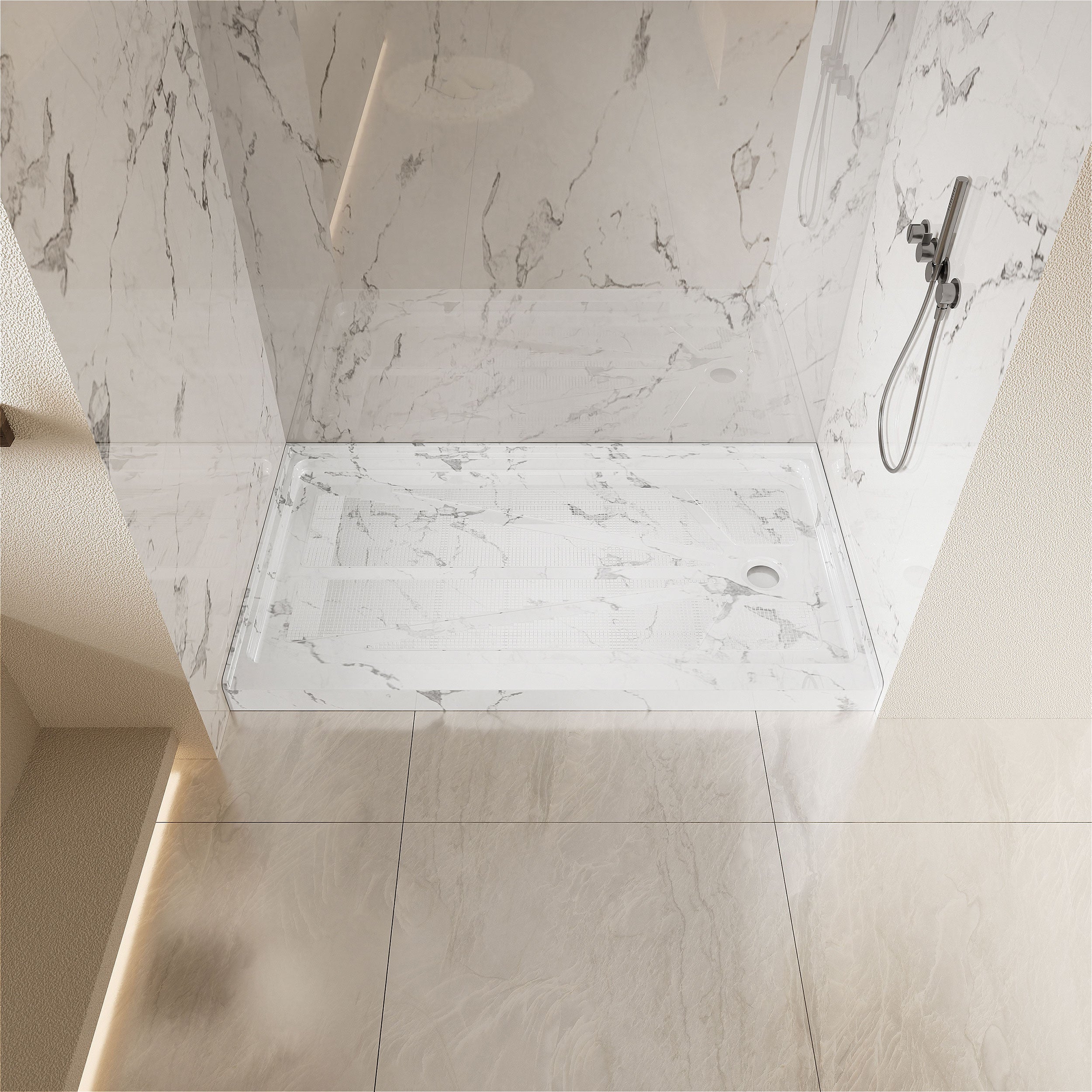 Single Threshold Shower Pan – Right Side Drain, Acrylic & Fiberglass Composite, Standard 2” Drain Compatible – Carrara White