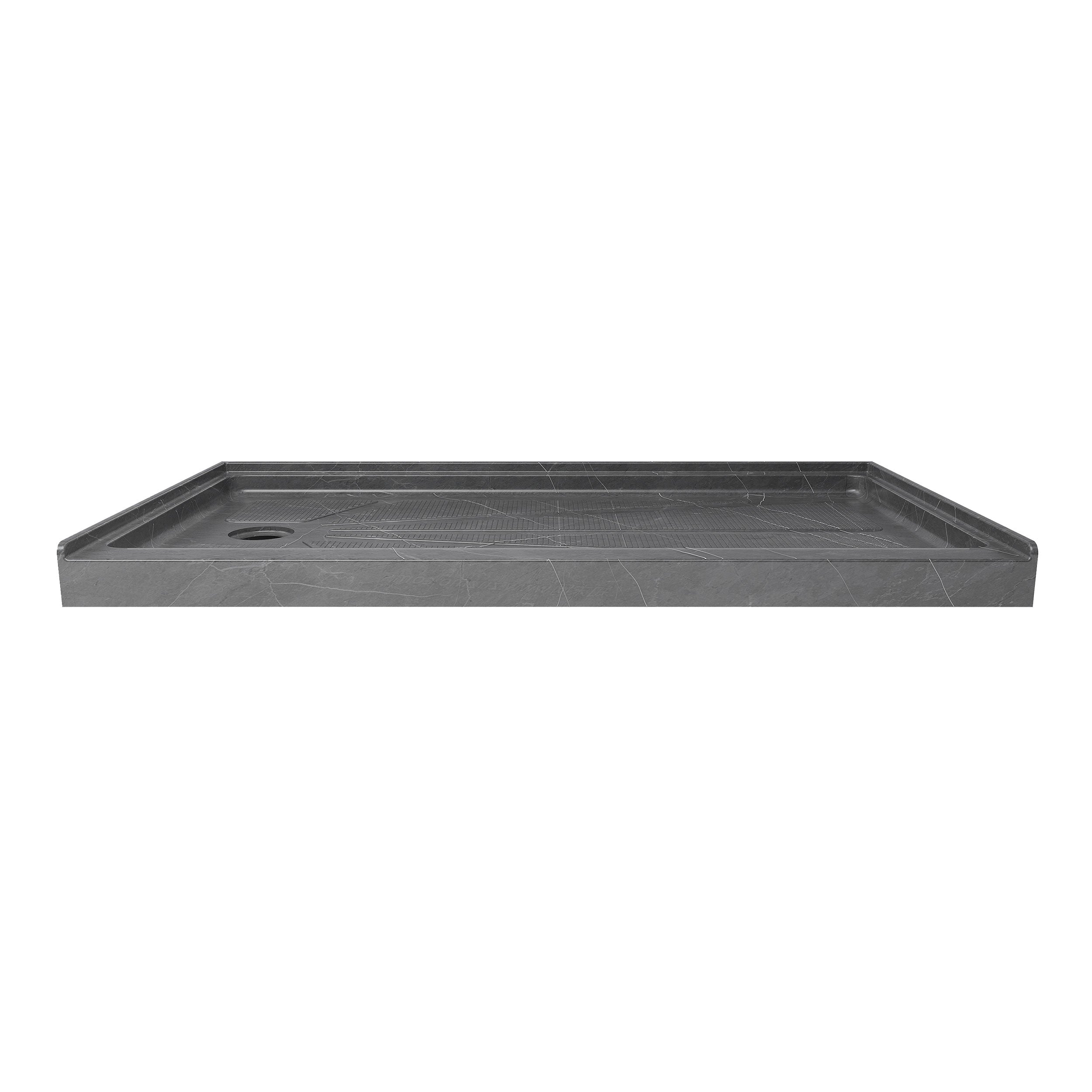 Single Threshold Shower Base – Left Side Drain, Acrylic & Fiberglass Composite, Standard 2” Drain Compatible – Gray Marble Look