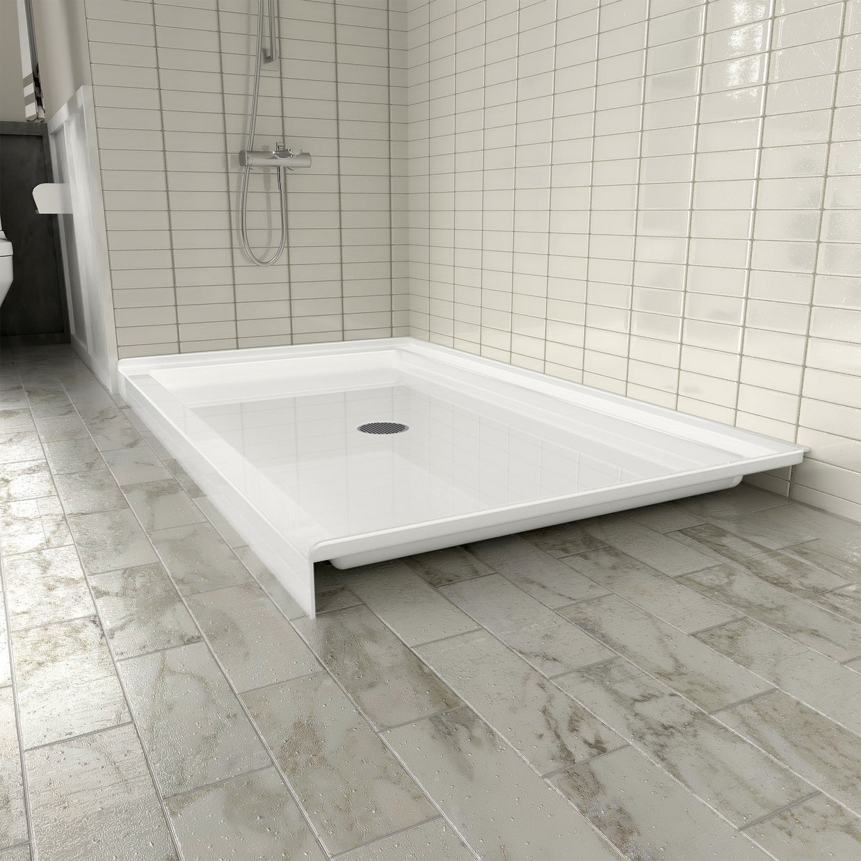 Single Threshold Shower Pan with Center Drain, Non-Slip Texture Acrylic and Fiberglass Shower Base - White
