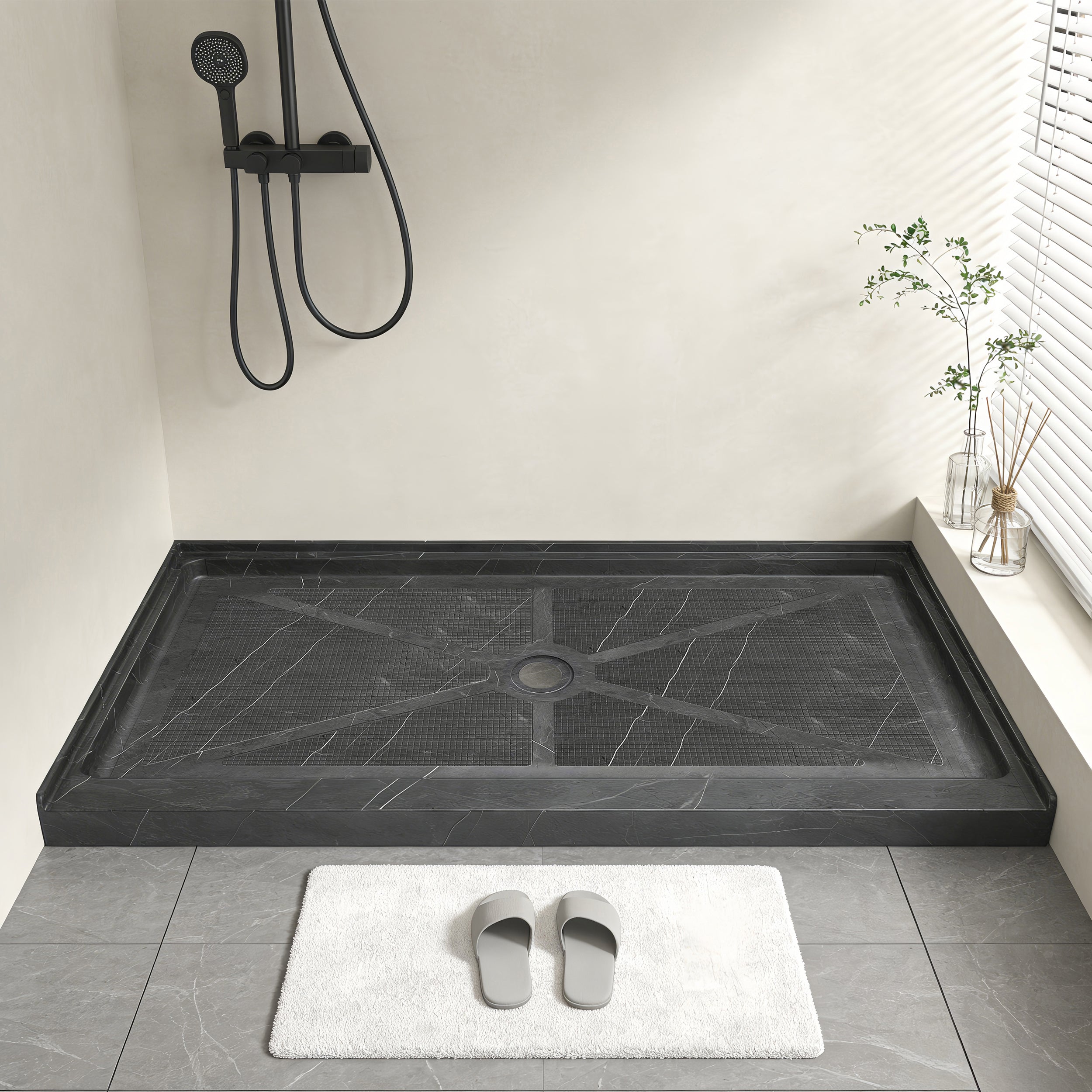 Single Threshold Shower Pan with Center Drain, Non-Slip Texture Acrylic and Fiberglass Shower Base - Gray Marble