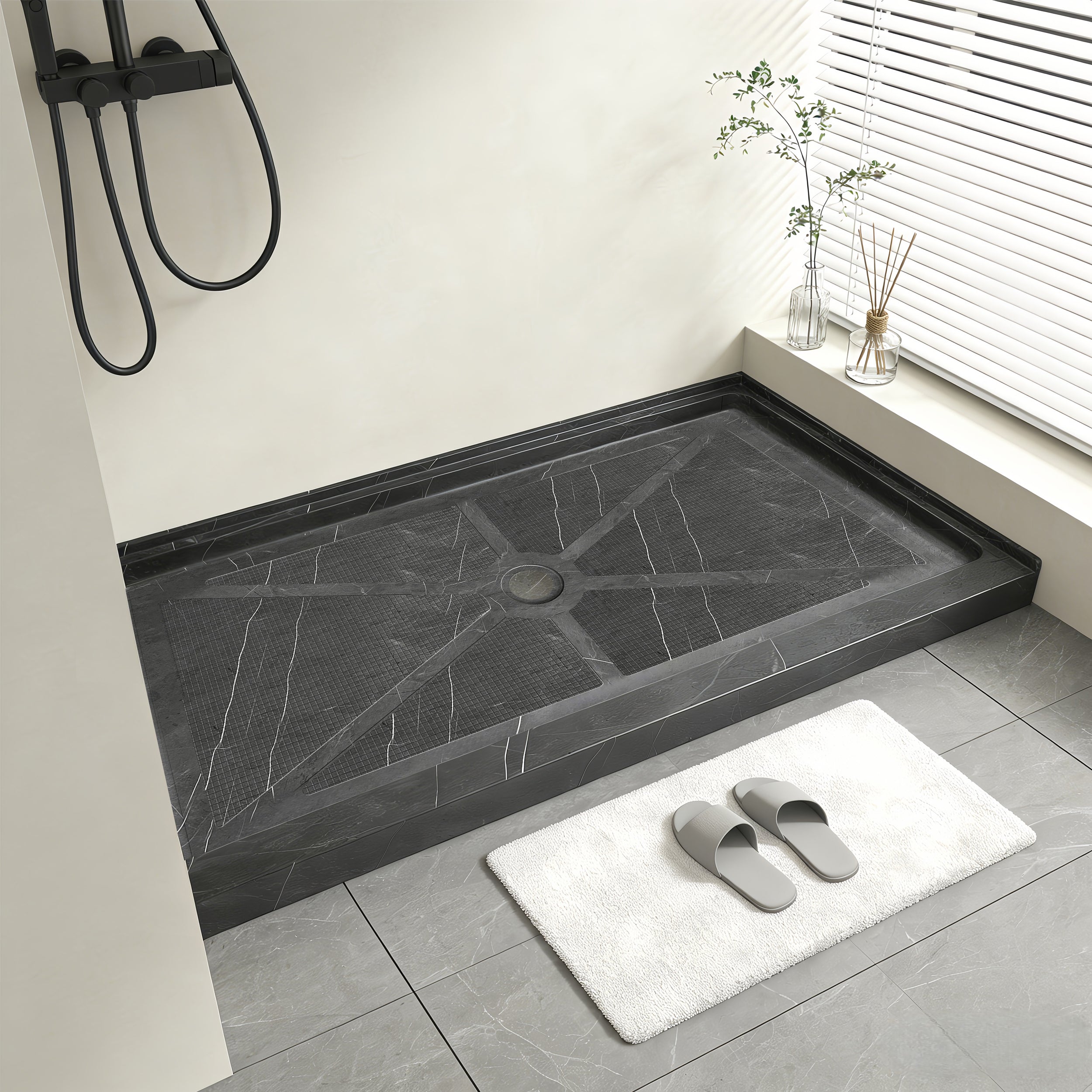Single Threshold Shower Pan with Center Drain, Non-Slip Texture Acrylic and Fiberglass Shower Base - Gray Marble
