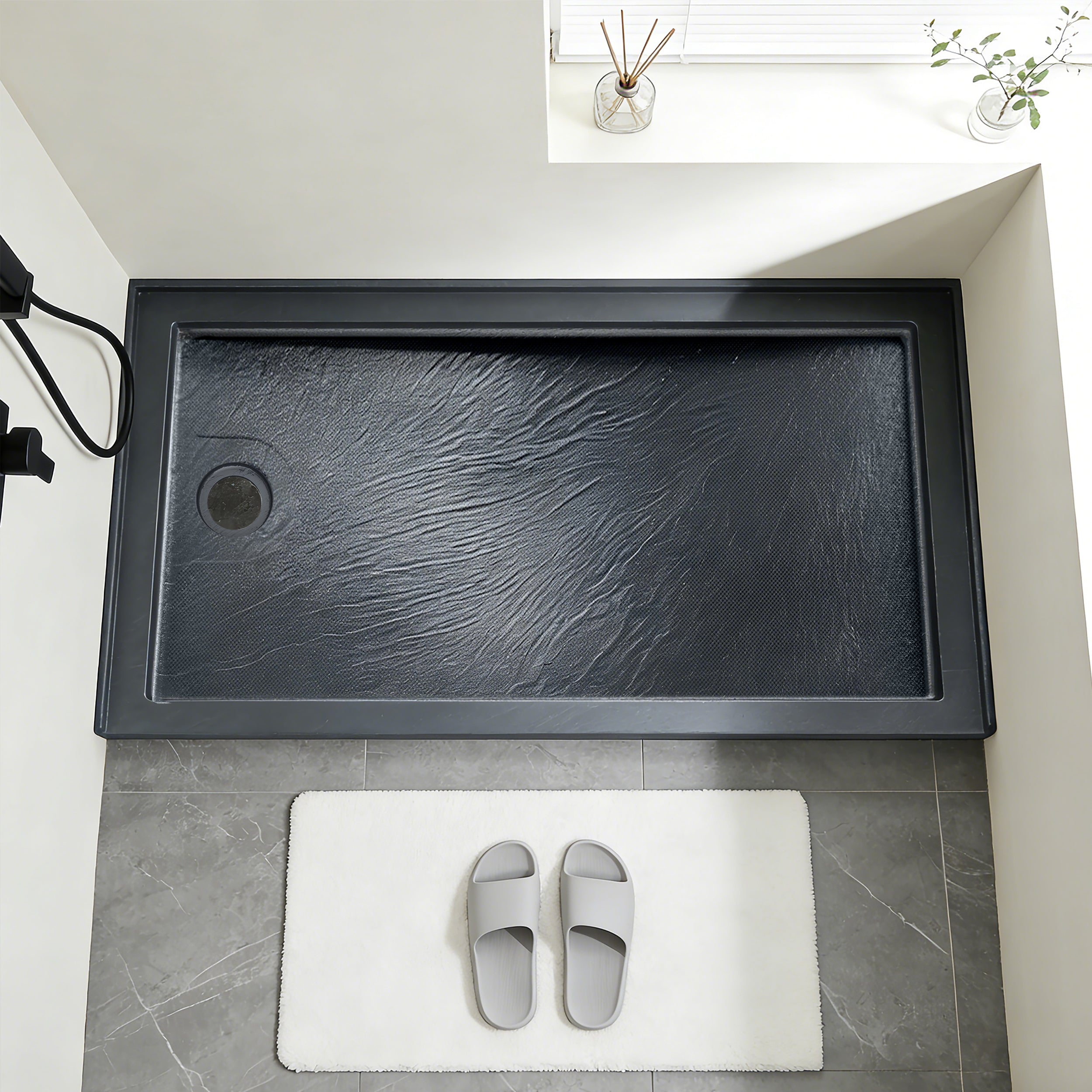 Single Threshold Shower Base with Non-Slip Texture – Left Drain Acrylic and Fiberglass Shower Pan - Gray