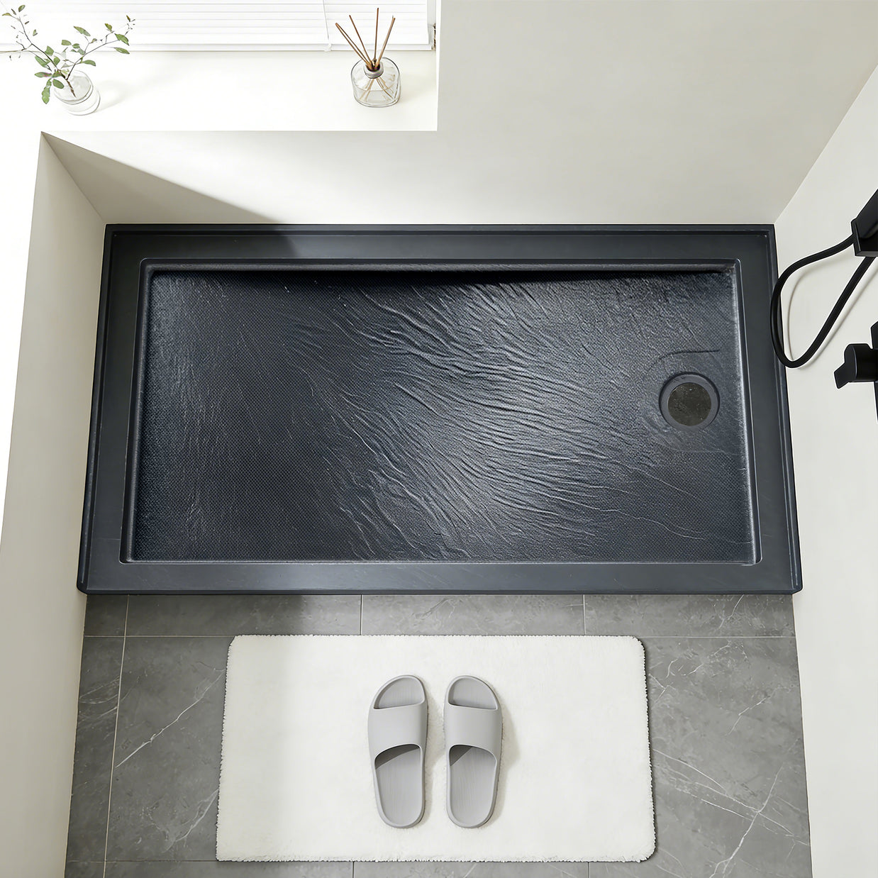 Single Threshold Shower Base with Non-Slip Texture – Right Drain Acrylic and Fiberglass Shower Pan - Gray