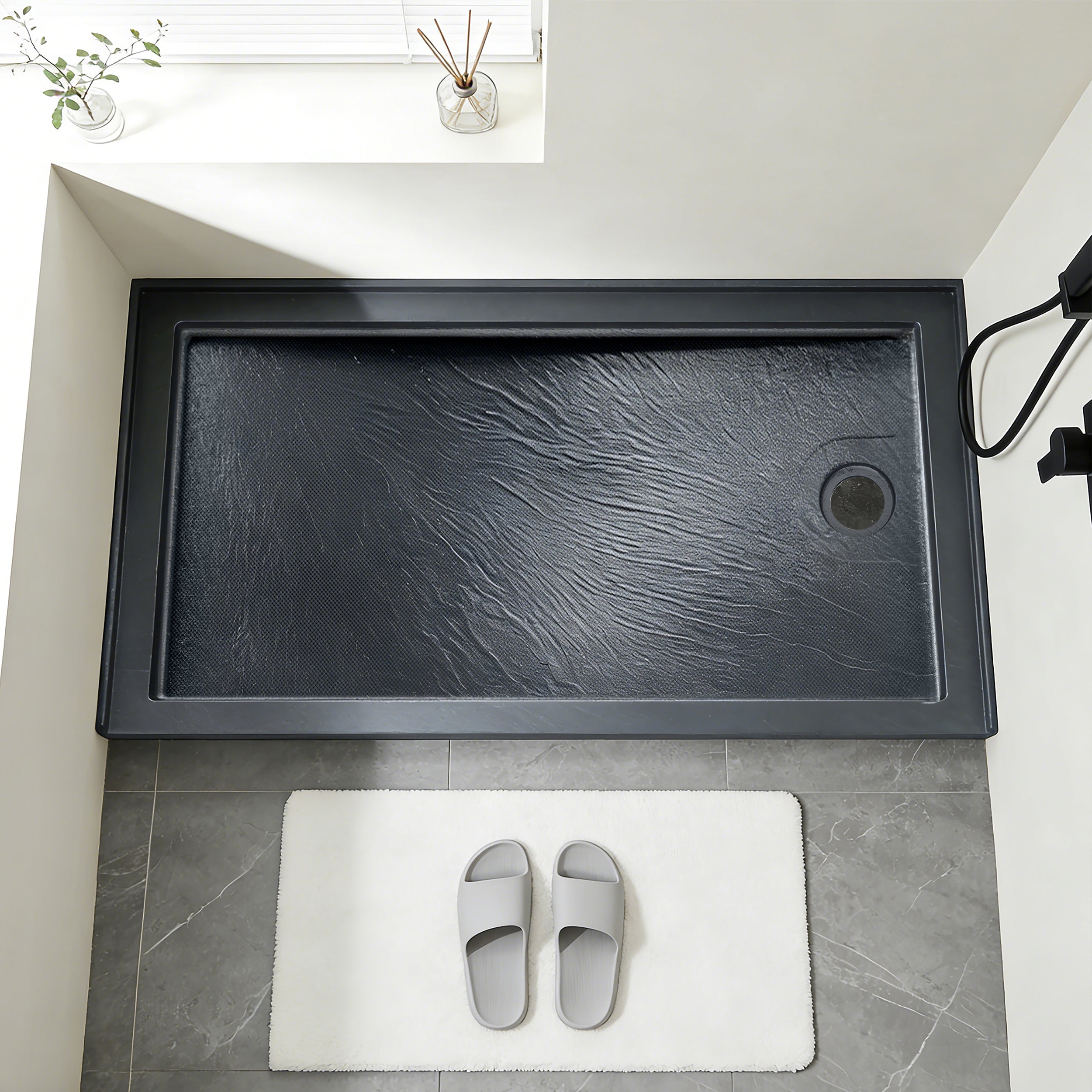 Single Threshold Shower Base with Non-Slip Texture – Right Drain Acrylic and Fiberglass Shower Pan - Gray