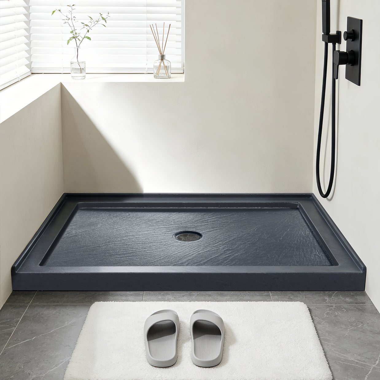 Single Threshold Shower Pan with Center Drain, Non-Slip Texture Acrylic and Fiberglass Shower Base - Slate Gray