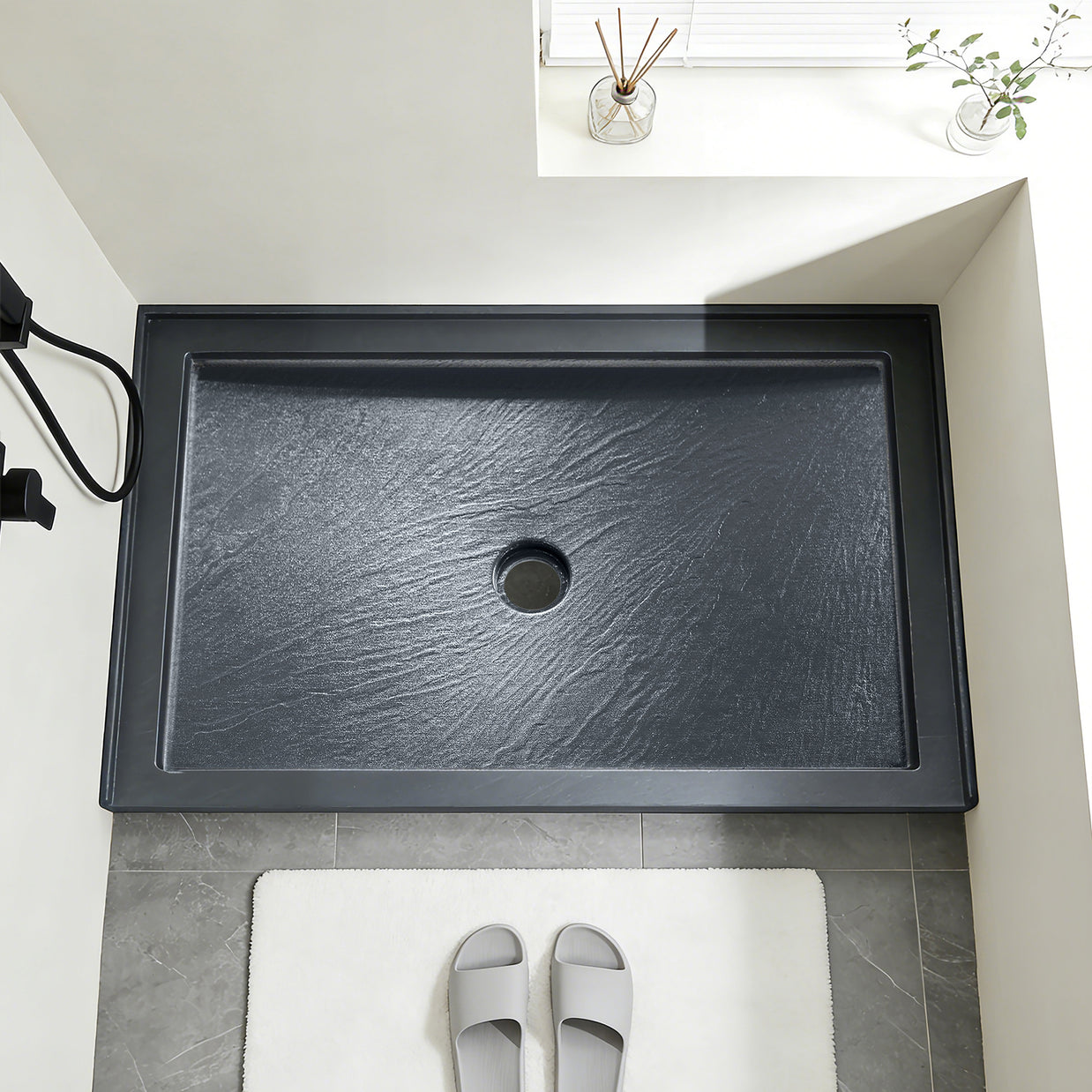 Single Threshold Shower Pan with Center Drain, Non-Slip Texture Acrylic and Fiberglass Shower Base - Slate Gray