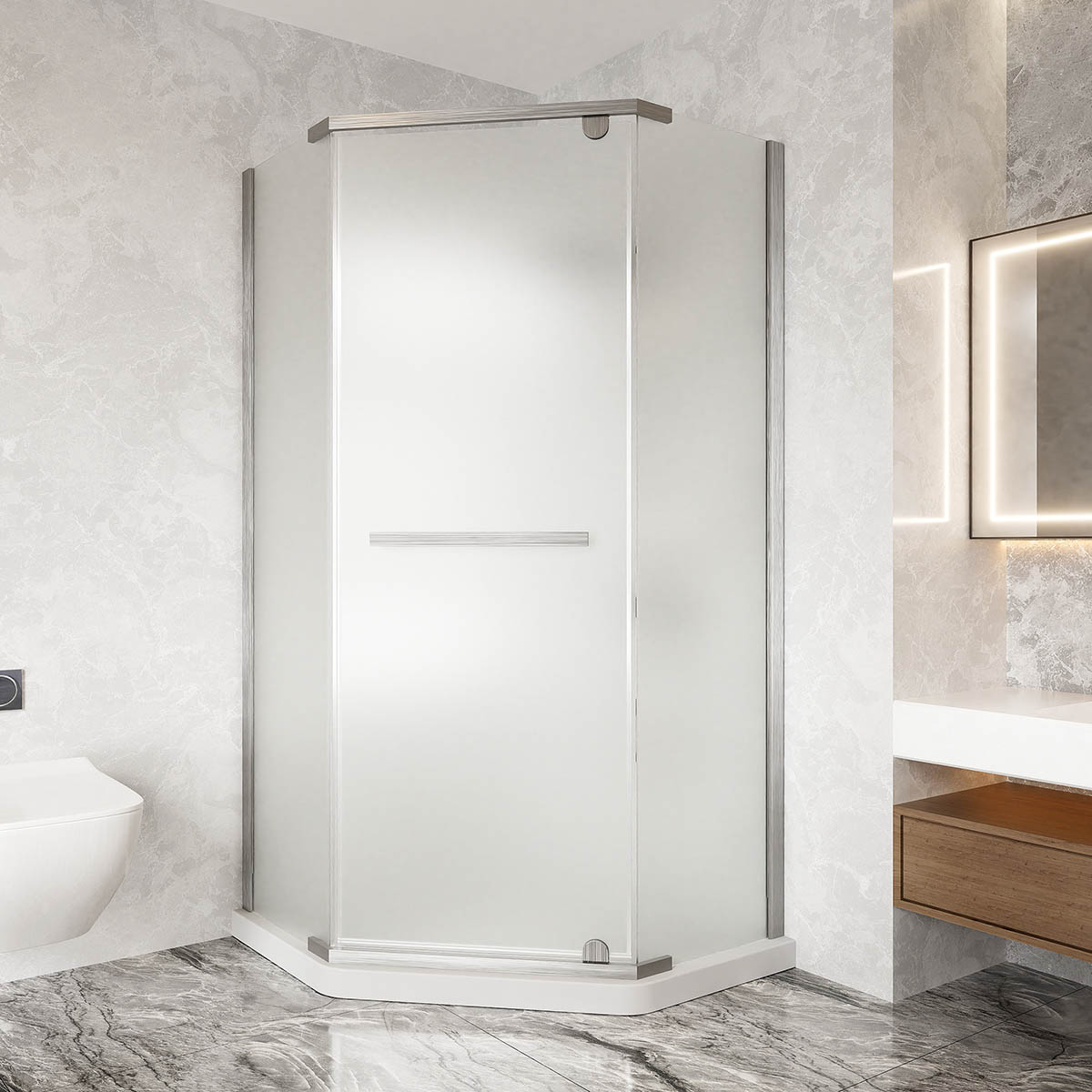 Aquacraft Bathworks 38" W x 38" D x 76" H Semi-Frameless Neo-angle Shower Door with Towel Bar and Fixed Panel CC3876-BN-F