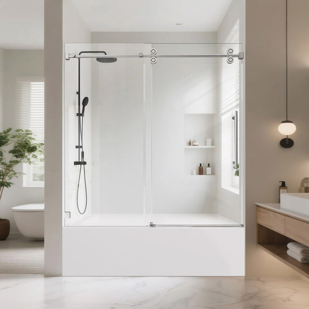 Aquacraft Bathworks SS01-HP Frameless Single Sliding Bathtub Door, 58–60 in. W x 60/66 in. H, 1/4" ANSI Tempered Glass, Adjustable Up to 4 in., Matte Black / Brushed Gold / Brushed Nickel / Chrome