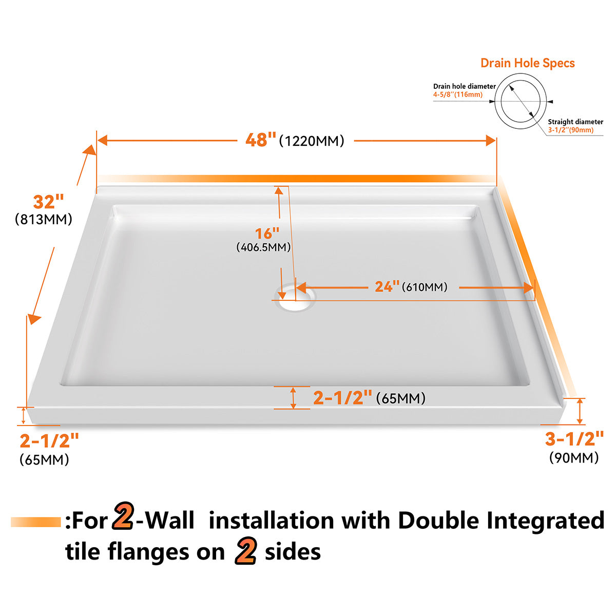48 x 32 Center Drain Shower Base