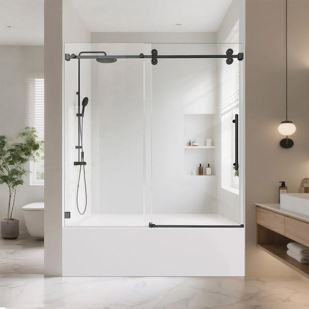 Aquacraft Bathworks SS01-HP Frameless Single Sliding Bathtub Door, 58–60 in. W x 60/66 in. H, 1/4" ANSI Tempered Glass, Adjustable Up to 4 in., Matte Black / Brushed Gold / Brushed Nickel / Chrome