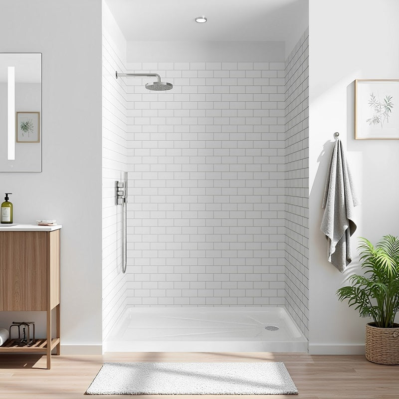 White Small Tile Acrylic Shower Wall Panels with Dark Gray Grout – Waterproof, Mold-Resistant, DIY-Friendly Bathroom Wall Solution