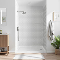 White Small Tile Acrylic Shower Wall Panels with Dark Gray Grout – Waterproof, Mold-Resistant, DIY-Friendly Bathroom Wall Solution