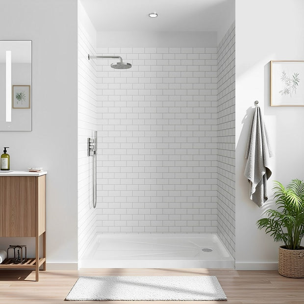 White Small Tile Acrylic Shower Wall Panels with Dark Gray Grout – Waterproof, Mold-Resistant, DIY-Friendly Bathroom Wall Solution