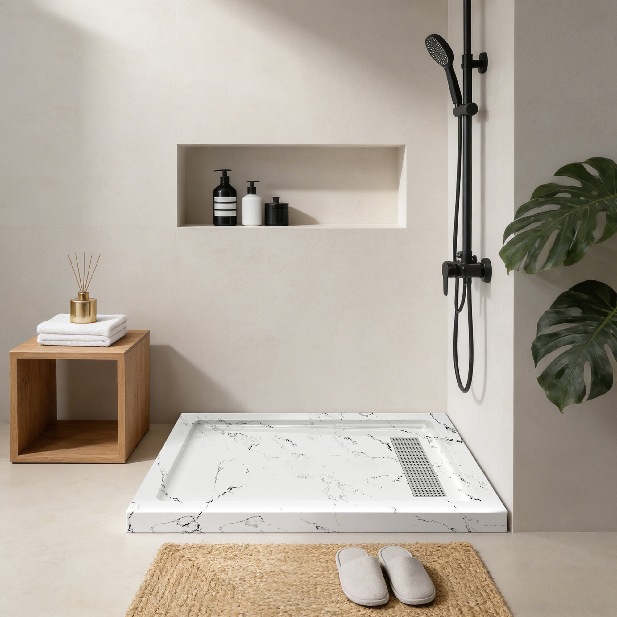 Shower Pan, with Linear Drain Cover and Reversible Drain, Pre-Sloped Acrylic and Fiberglass Shower Base with Removable Flanges, Carrara White