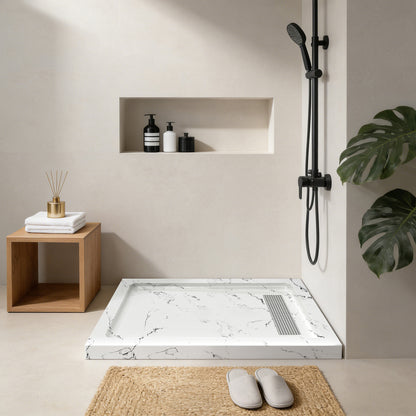 Shower Pan, with Linear Drain Cover and Reversible Drain, Pre-Sloped Acrylic and Fiberglass Shower Base with Removable Flanges, Carrara White