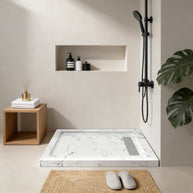 Shower Pan, with Linear Drain Cover and Reversible Drain, Pre-Sloped Acrylic and Fiberglass Shower Base with Removable Flanges, Carrara White