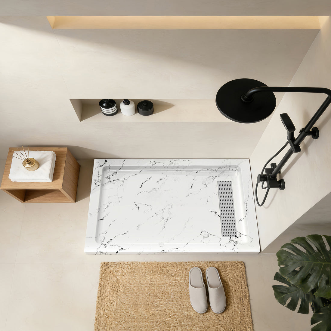 Shower Pan, with Linear Drain Cover and Reversible Drain, Pre-Sloped Acrylic and Fiberglass Shower Base with Removable Flanges, Carrara White