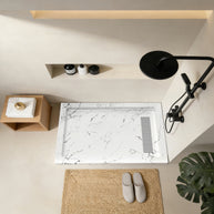 Shower Pan, with Linear Drain Cover and Reversible Drain, Pre-Sloped Acrylic and Fiberglass Shower Base with Removable Flanges, Carrara White