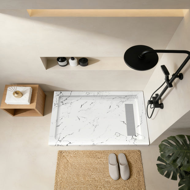 Shower Pan, with Linear Drain Cover and Reversible Drain, Pre-Sloped Acrylic and Fiberglass Shower Base with Removable Flanges, Carrara White