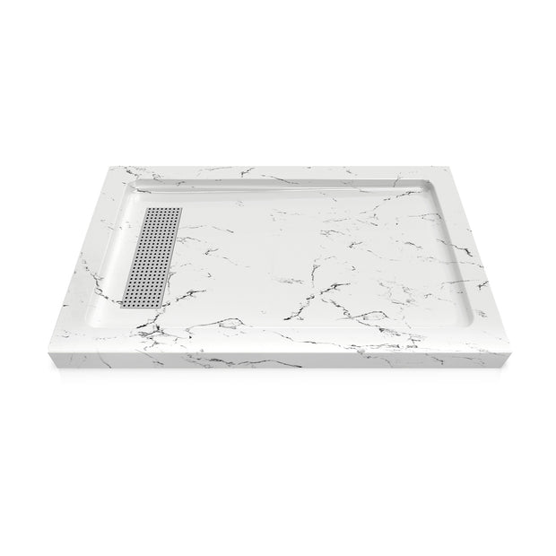Shower Pan, with Linear Drain Cover and Reversible Drain, Pre-Sloped Acrylic and Fiberglass Shower Base with Removable Flanges, Carrara White