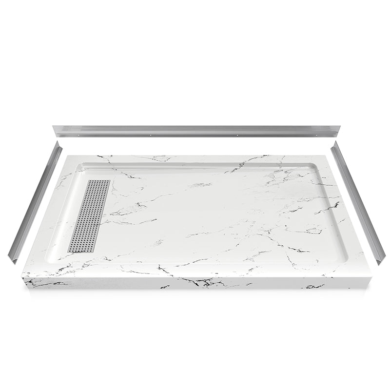 60 in. x 36 in. Shower Base with Center/Left/Right Drain, Alcove Fiberglass Shower Pan with Removable Aluminum Flange, Slip-Resistant Pre-Sloped Floor, Multiple Finish Options