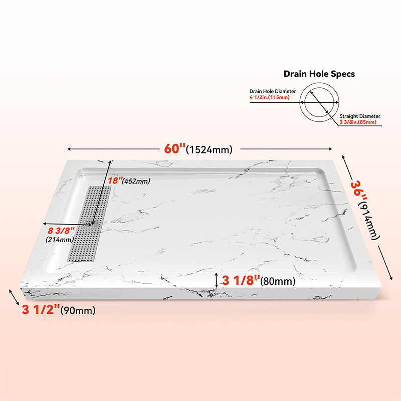 60 in. x 36 in. Shower Base with Center/Left/Right Drain, Alcove Fiberglass Shower Pan with Removable Aluminum Flange, Slip-Resistant Pre-Sloped Floor, Multiple Finish Options