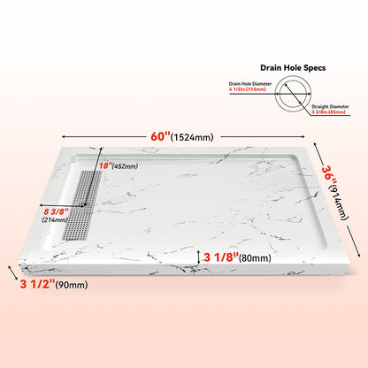 60 in. x 36 in. Shower Base with Center/Left/Right Drain, Alcove Fiberglass Shower Pan with Removable Aluminum Flange, Slip-Resistant Pre-Sloped Floor, Multiple Finish Options