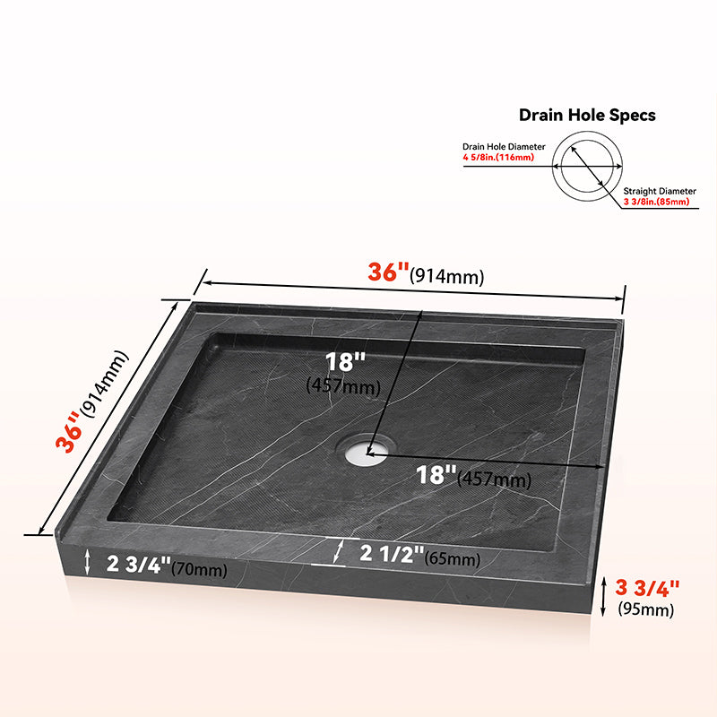 36 in x 36 in Shower Base, Carrara White Alcove Shower Pan with Center Drain, Low Profile Single Threshold, Acrylic Fiberglass, Slip Resistant