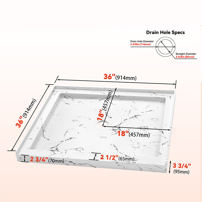 36 in x 36 in Shower Base, Carrara White Alcove Shower Pan with Center Drain, Low Profile Single Threshold, Acrylic Fiberglass, Slip Resistant
