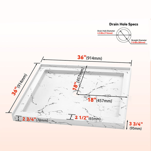 36 in x 36 in Shower Base, Carrara White Alcove Shower Pan with Center Drain, Low Profile Single Threshold, Acrylic Fiberglass, Slip Resistant