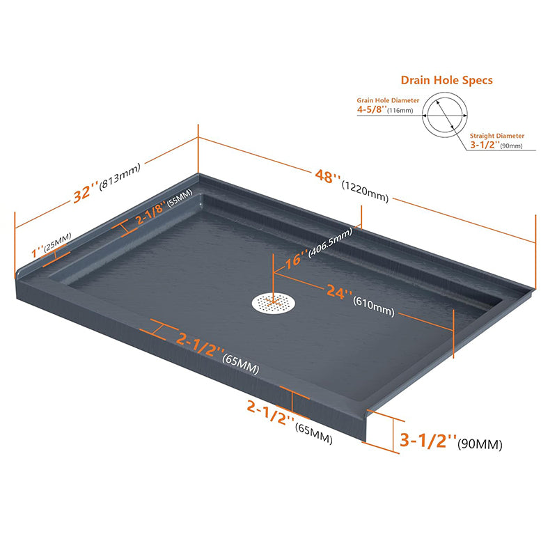 Aquacraft Bathworks Shower Base 48 in. L x 32 in. W, Acrylic Alcove Center Drain Shower Pan, Low Profile Slip-Resistant, Single Threshold, Slate Gray