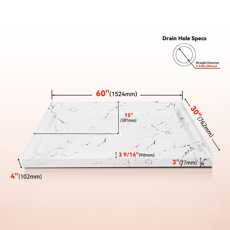 60 in. x 30 in. Center Drain Shower Base, Single Threshold Alcove Acrylic Shower Pan, Low Profile Slip-Resistant Floor, Waterproof, Marble-Look Finishes