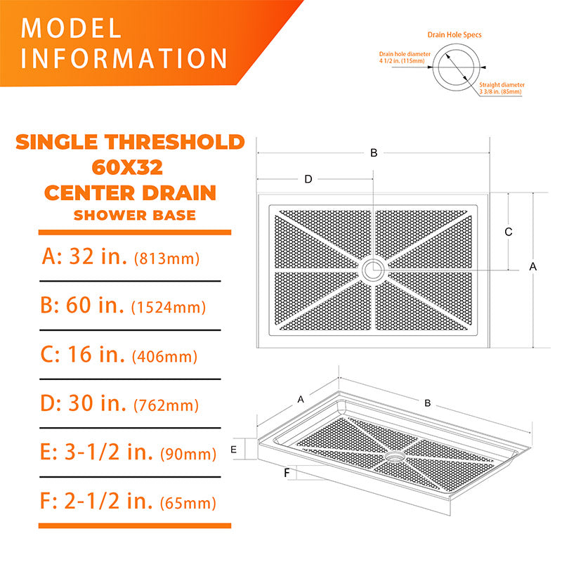 60 in. x 32 in. Center Drain Shower Base, Single Threshold Alcove Acrylic Shower Pan with Integrated Flange, Slip-Resistant Textured Floor, Multiple Finish Options
