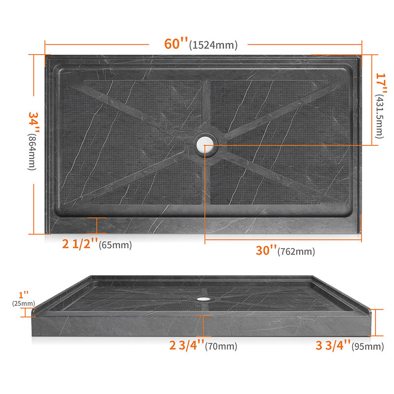 60 in. x 34 in. Center Drain Shower Base, Single Threshold Alcove Acrylic Shower Pan with 3-Sided Integrated Tile Flange, Slip-Resistant Floor, Multiple Finish Options