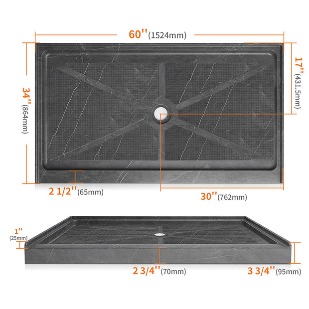 60 in. x 34 in. Center Drain Shower Base, Single Threshold Alcove Acrylic Shower Pan with 3-Sided Integrated Tile Flange, Slip-Resistant Floor, Multiple Finish Options
