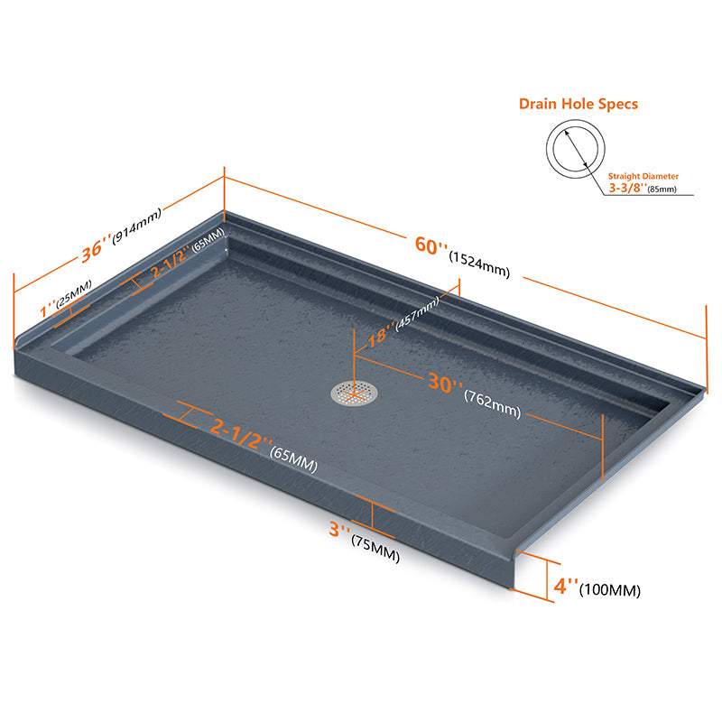 60 in. x 36 in. Center Drain Shower Base, Single Threshold Alcove Acrylic Shower Pan with Integrated Tile Flange, Slip-Resistant Floor, Multiple Finish Options