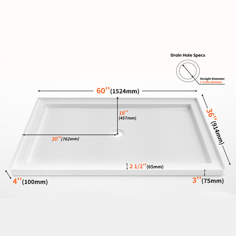 60 in. x 36 in. Center Drain Shower Base, Single Threshold Alcove Acrylic Shower Pan with Integrated Tile Flange, Slip-Resistant Floor, Multiple Finish Options