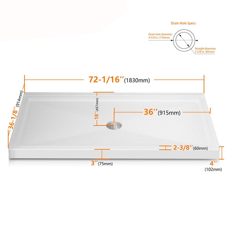 72 in. x 36 in. Center Drain Shower Base, Single Threshold Alcove Acrylic Shower Pan with 3-Sided Integrated Tile Flange, Slip-Resistant Floor, White