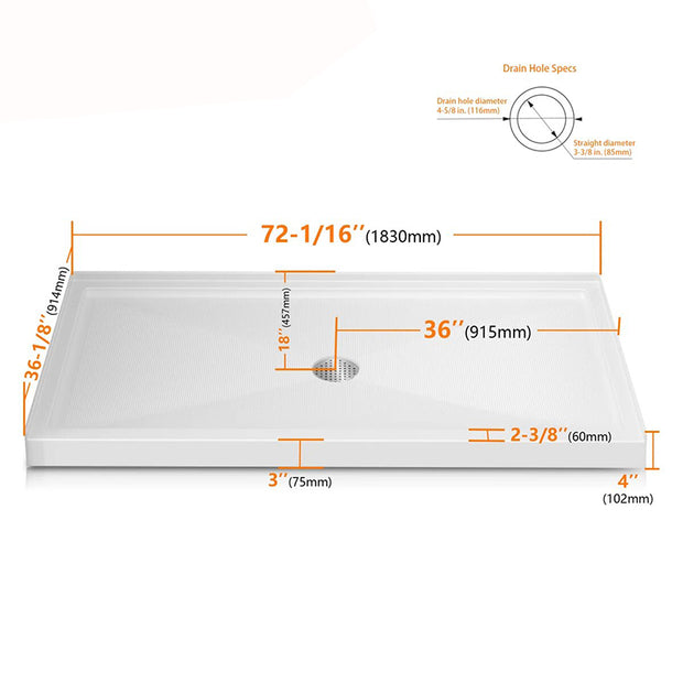 72 in. x 36 in. Center Drain Shower Base, Single Threshold Alcove Acrylic Shower Pan with 3-Sided Integrated Tile Flange, Slip-Resistant Floor, White