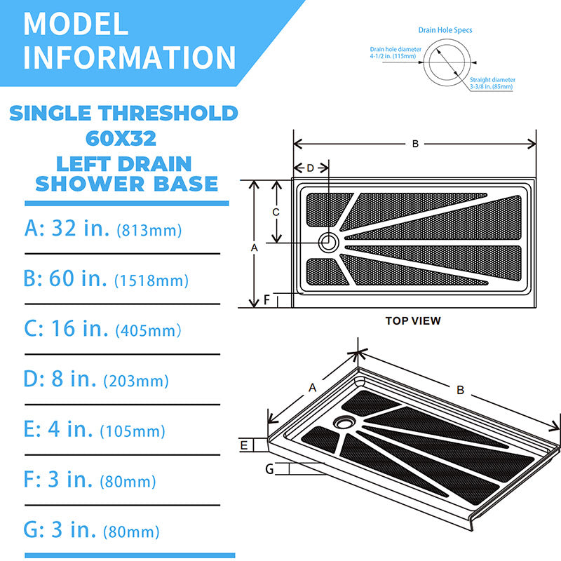 60 in. x 32 in. Left Drain Shower Base, Single Threshold Alcove Acrylic Shower Pan, Low Profile Slip-Resistant Floor with Integrated Flange, Multiple Finish Options