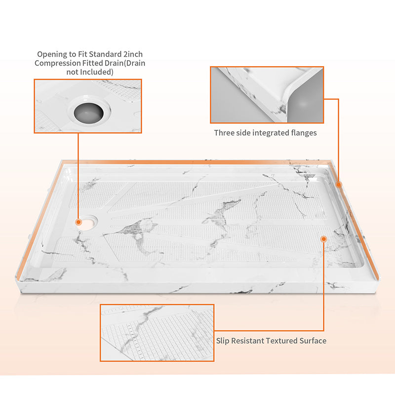 60 in. x 34 in. Left Drain Shower Base, Single Threshold Alcove Acrylic Shower Pan, Slip-Resistant Textured Floor, Multiple Finish Options