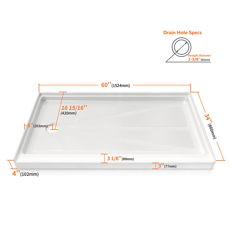 60 in. x 34 in. Left Drain Shower Base, Single Threshold Alcove Acrylic Shower Pan, Slip-Resistant Textured Floor, Multiple Finish Options