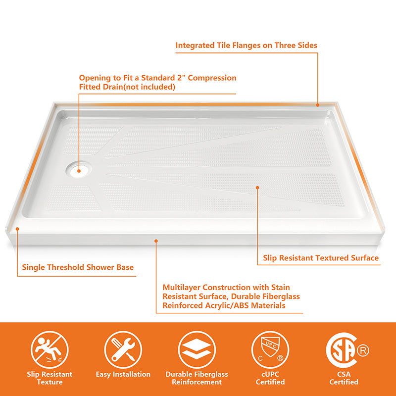 60 in. x 34 in. Left Drain Shower Base, Single Threshold Alcove Acrylic Shower Pan, Slip-Resistant Textured Floor, Multiple Finish Options