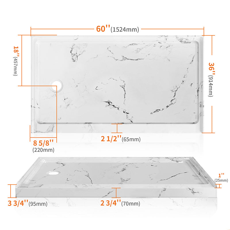 60 in. x 36 in. Shower Base with Left Drain, Single Threshold Alcove Acrylic Shower Pan, Low Profile Slip-Resistant Floor, Multiple Finish Options