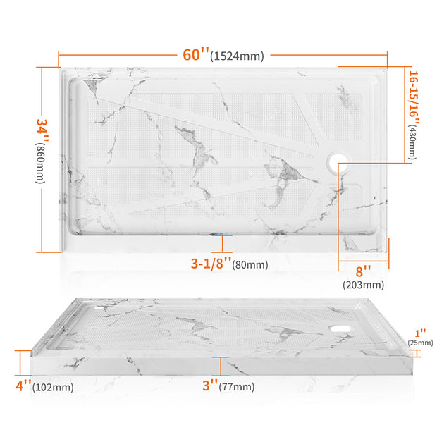 60" x 34" Single Threshold Acrylic Shower Base, Slip-Resistant Textured Shower Pan