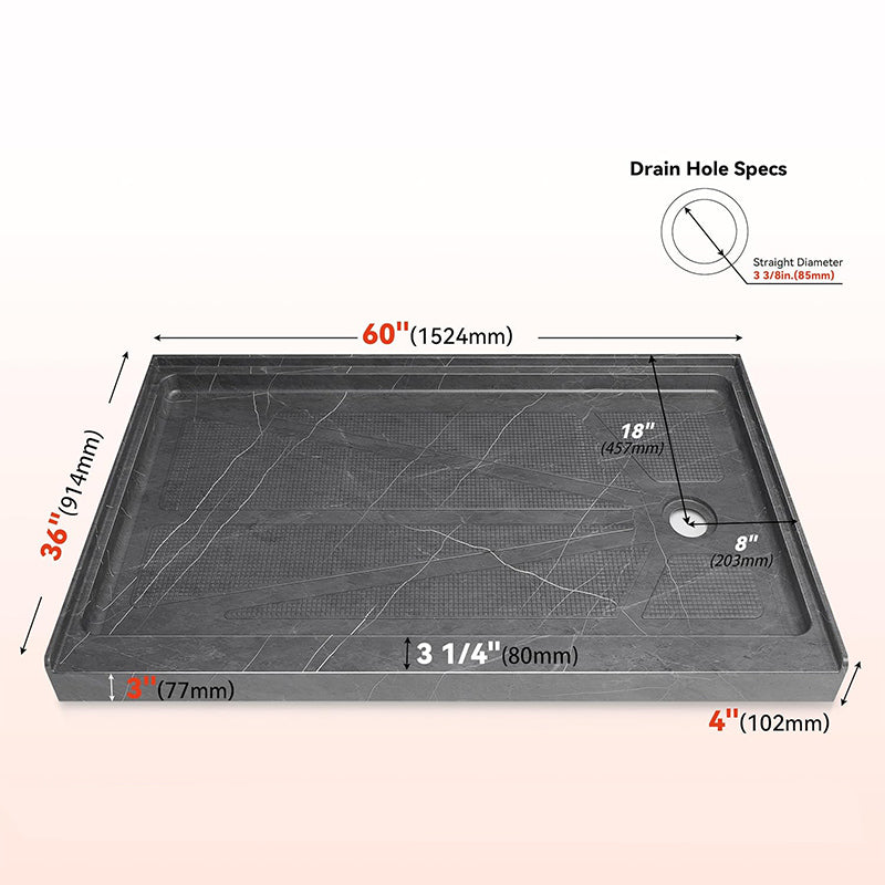 60 in. x 36 in. Alcove Shower Base with Right Drain, Low Profile Slip Resistant Acrylic Fiberglass Shower Pan, Available in White and Gray Marble Finishes
